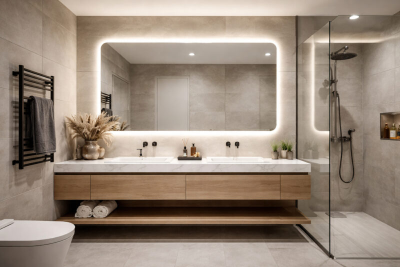 Moderno kupatilo sa velikim ogledalom sa integrisanim LED svetlom iznad visećeg ormarića sa duplim umivaonikom